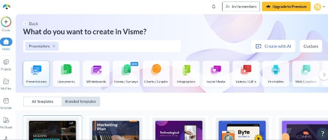 a screenshot of different graphic design, presentation, and video options in Visme