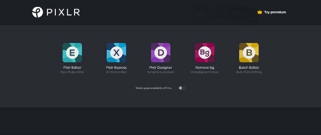 a screenshot of different image editing and graphic design platforms by Pixlr