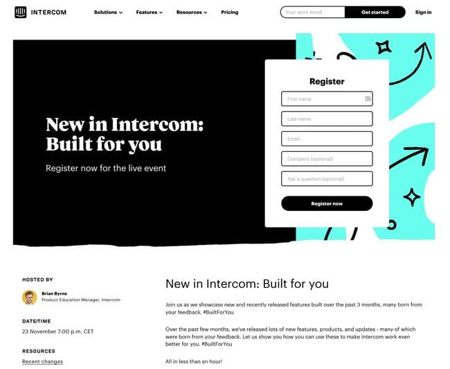 Intercom webinar registration page