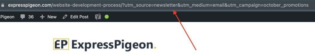url showing utm parameters in place