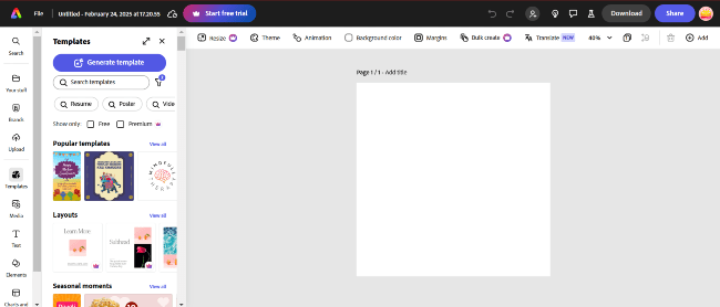 a screenshot of a blank template and customization options in Adobe Express