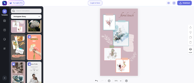 a screenshot of a floral template and customization options within the LightX editor