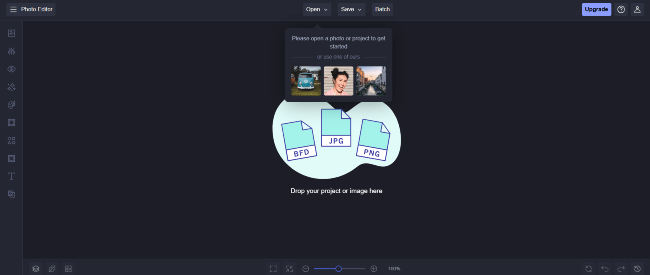 a screenshot of BeFunky’s photo editor with the option to upload or drag and drop an image