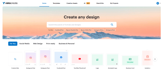 a screenshot of different graphic design options in VistaCreate