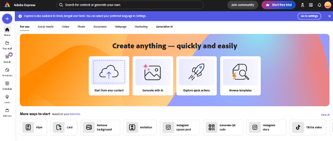 a screenshot of graphic design and photo editing options in Adobe Express