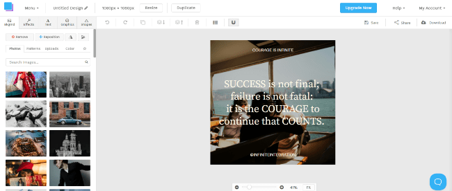 a screenshot of the editing screen with a template and customization options in Snappa