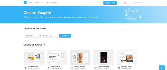 a screenshot of the graphic design screen with varied size options to choose from in Snappa
