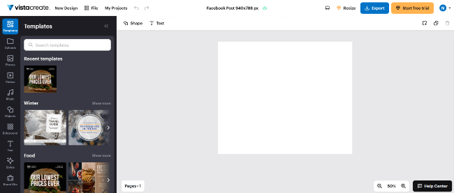 a screenshot of VistaCreate’s editor showcasing a blank template and customization options