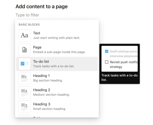 dropdown menu to add content blocks in notion