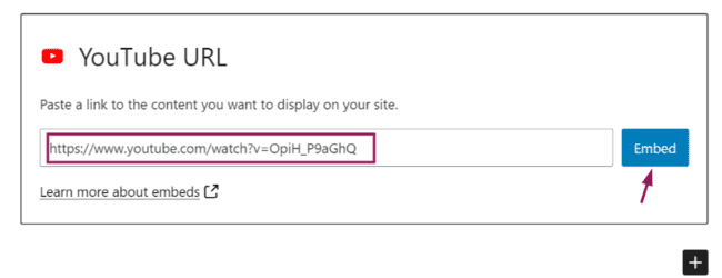 adding Youtube video url to wordpress youtube block