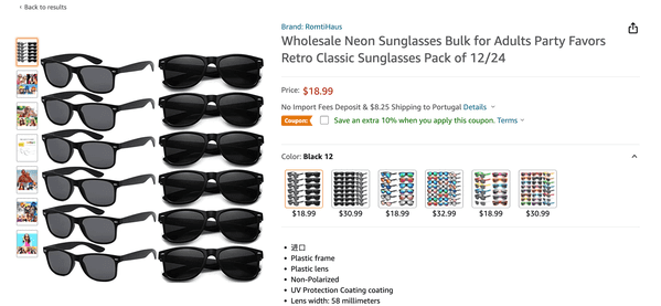amazon wholesale sellers page listing sunglasses