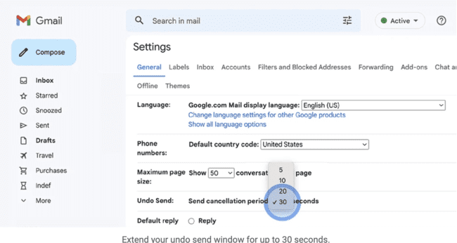choosing a desired cancellation period for recalling an email
