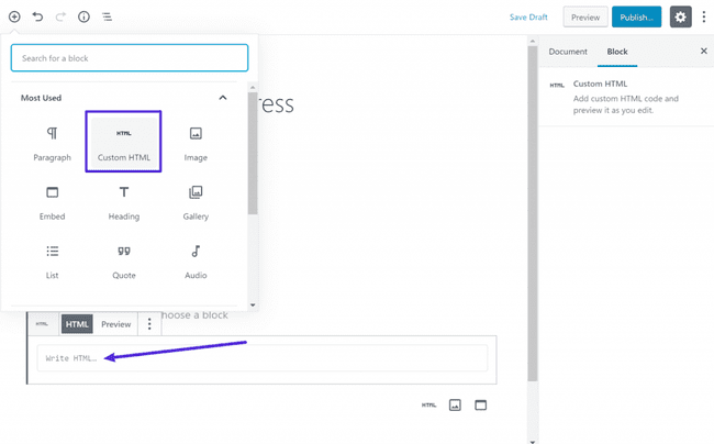 custom html block in wordpress editor