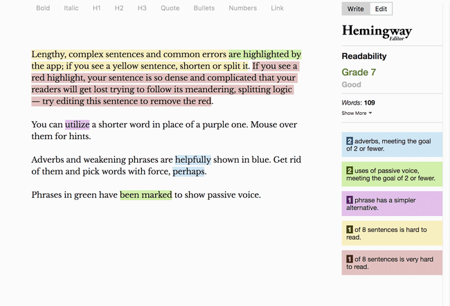 HemingwayApp for proofreading and editing