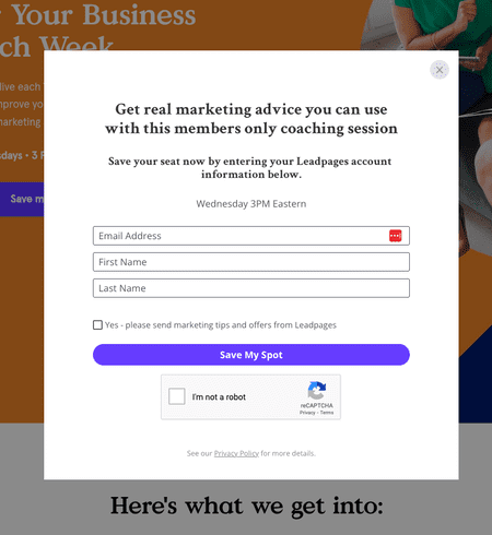 Leadpages webinar registration page