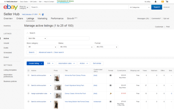 ebay seller hub listings tab