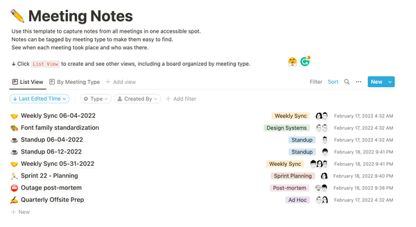 meeting notes template in notion app