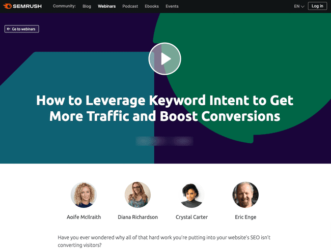 Semrush webinar page for registration