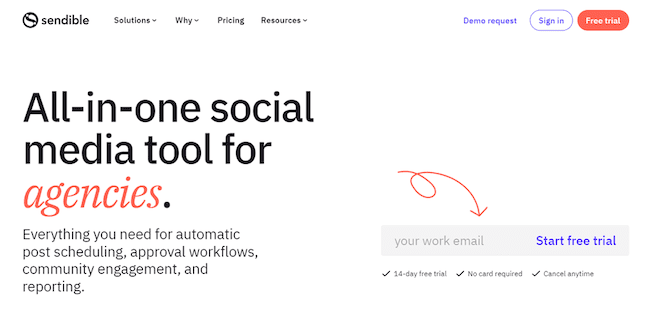 Sendible social media scheduling tool signup page