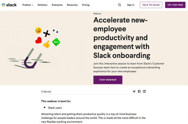 Slack webinar landing page