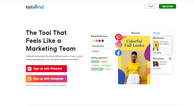 TailWind instagram scheduler tool signup page