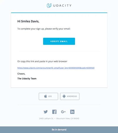 Udacity double optin confirmation email