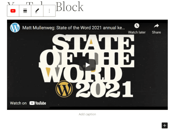 WordPress editor display of YouTube video