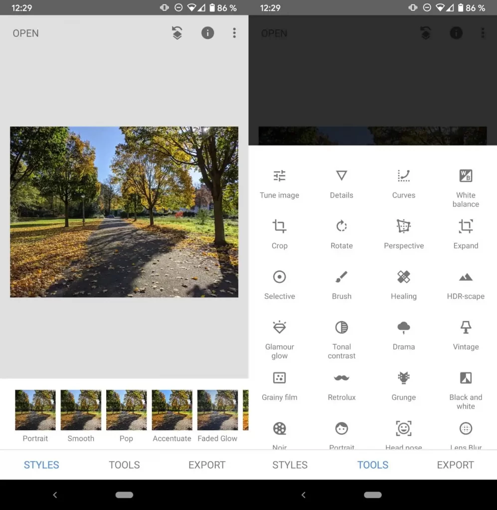 snapseed in app screen